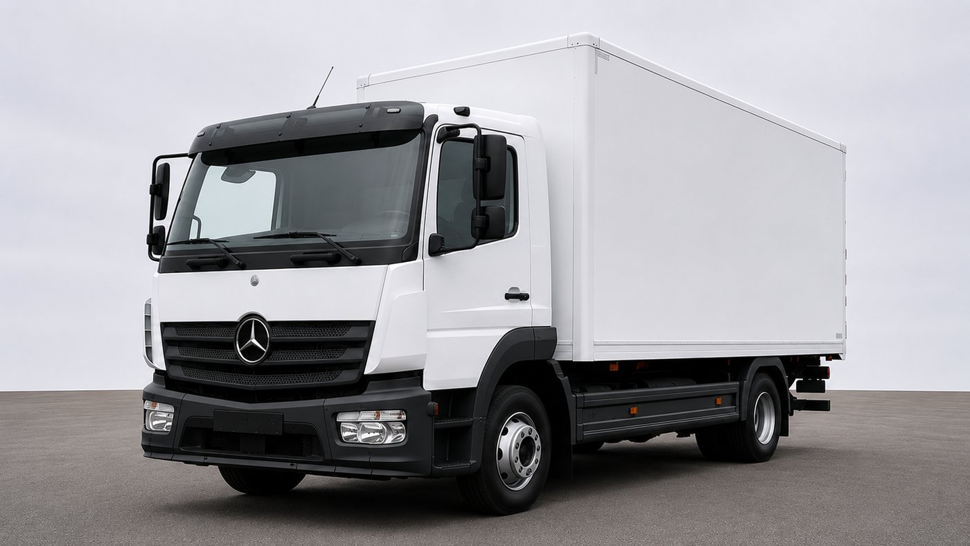 Weißer Mercedes-Benz Atego mit geschlossenem Kofferaufbau, Frontansicht