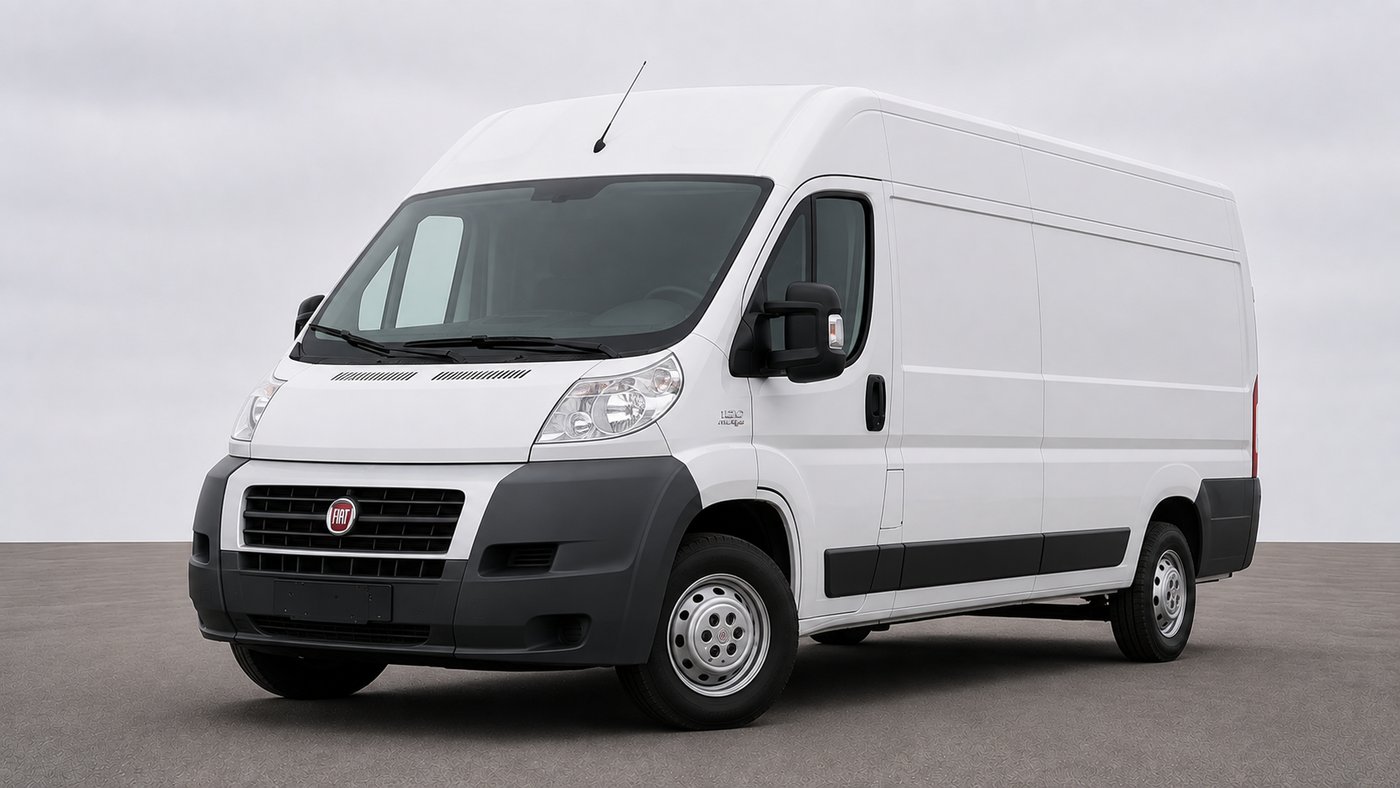 Weißer Fiat Ducato Kastenwagen, Baujahr 2011, Frontansicht